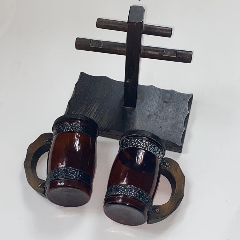Antique Rare Handmade Set Sal And Pepper Rustic  Wood And Glass